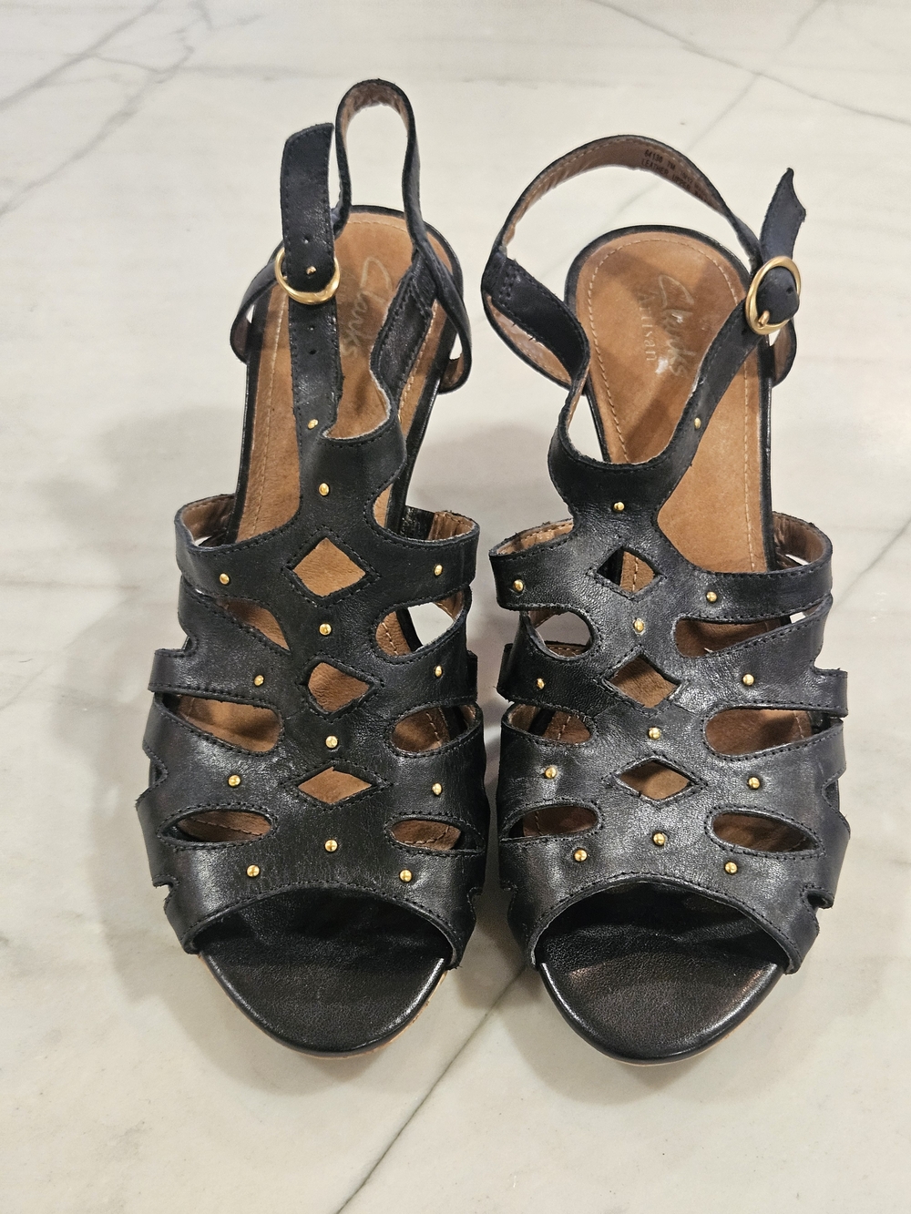 Clarks Artisan Fiddle String Black Leather Strappy Wedges Size 7